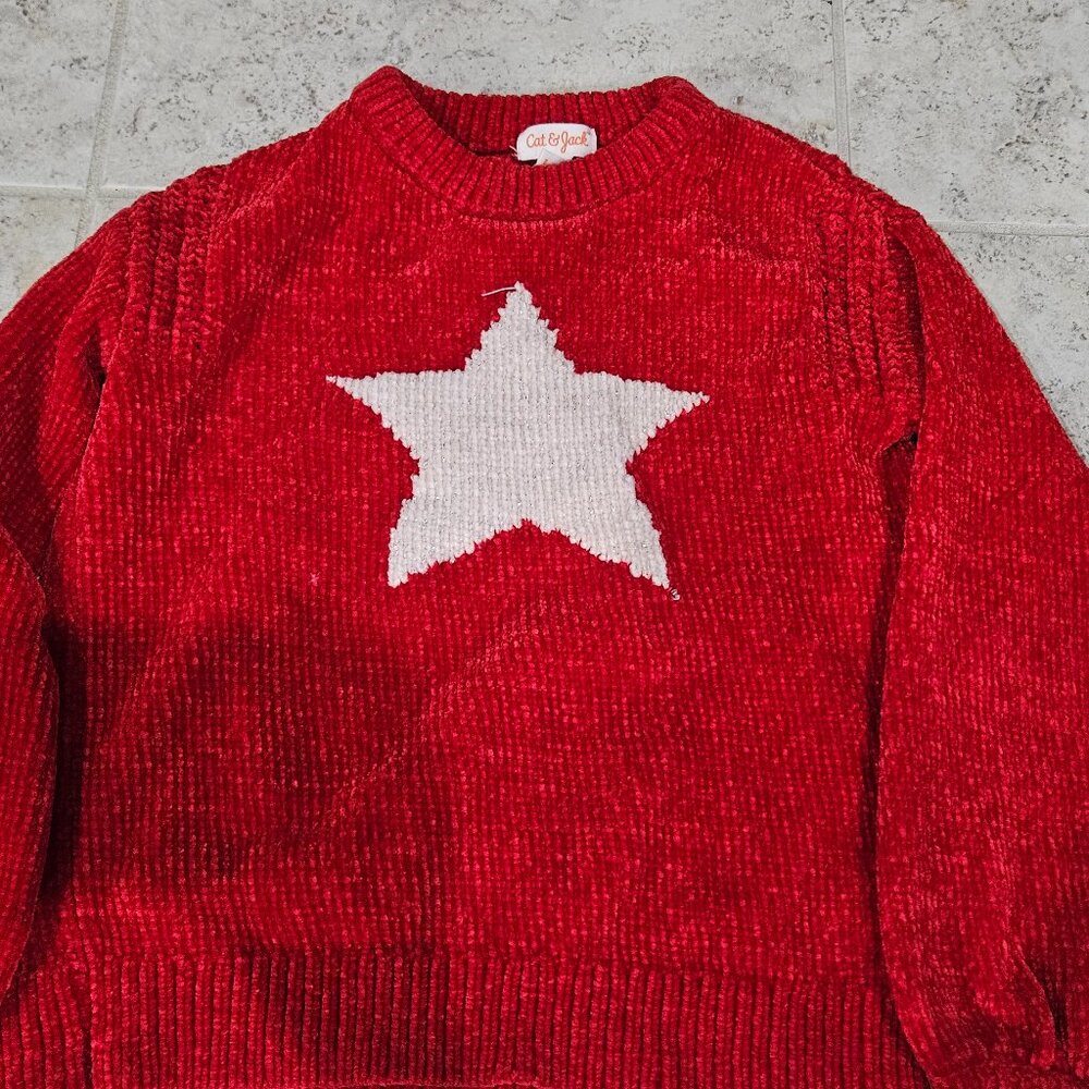 Girls Sz M 7/8 Cat & Jack Red Chenille Star Holiday sweater